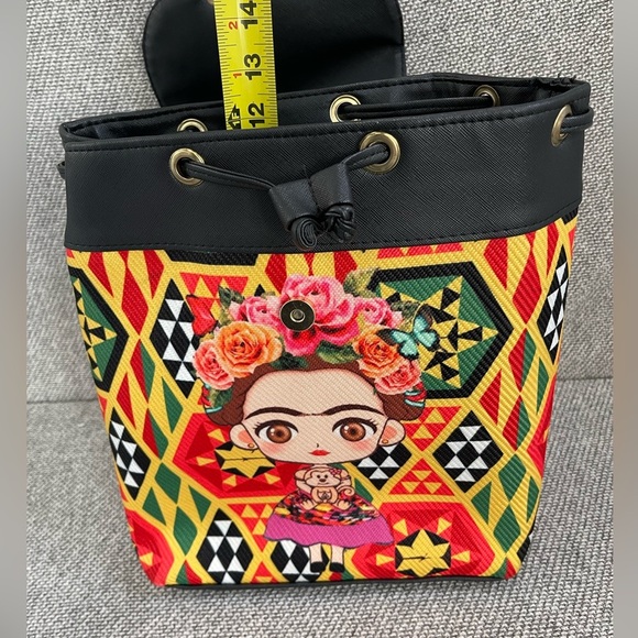 Frida Kahlo Vibrant Black and Red Geometric Backpack Puse - Picture 11 of 16
